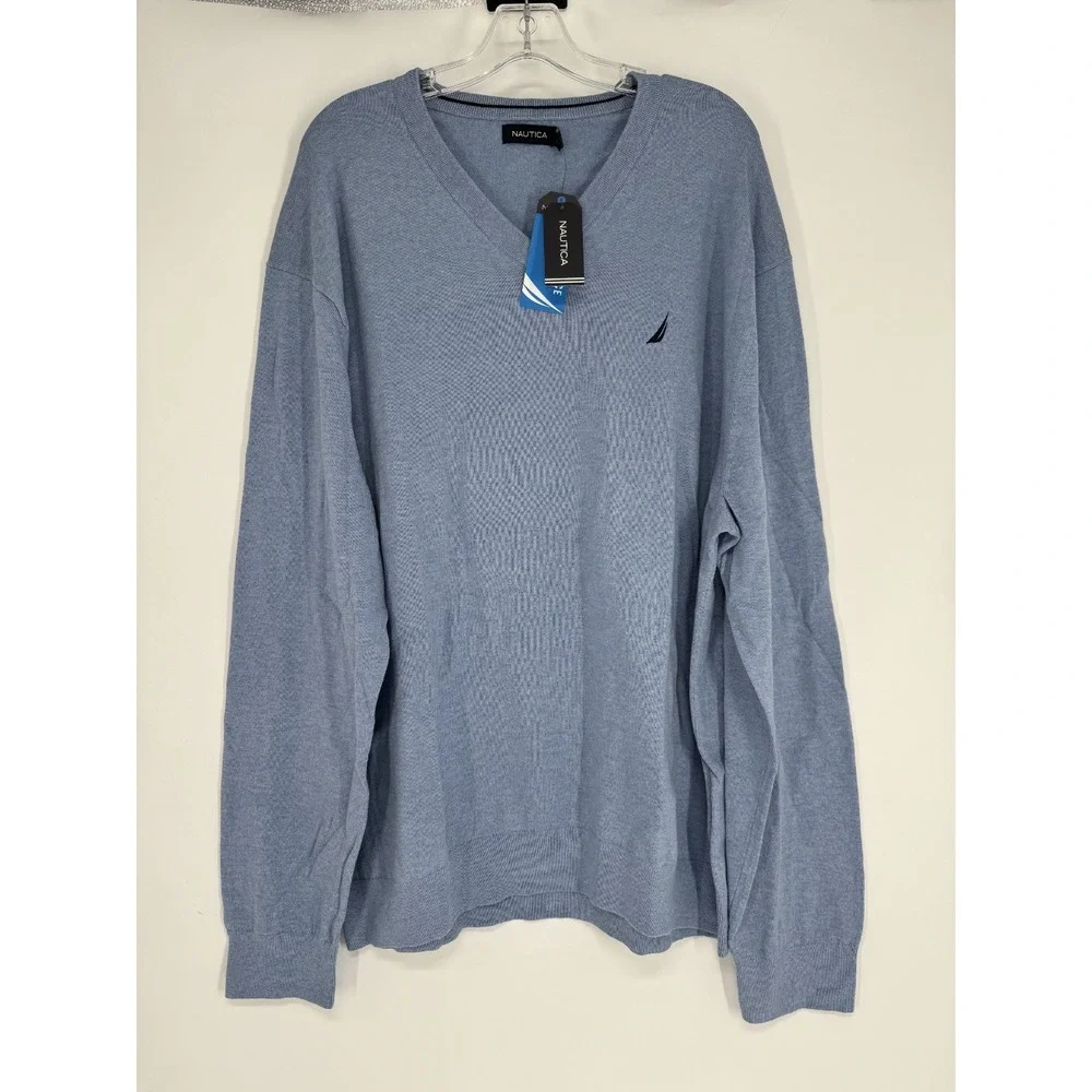 Nautica V Neck Knit Sweater 3XL Light Blue Long Sleeve Pullover Embroidered Logo